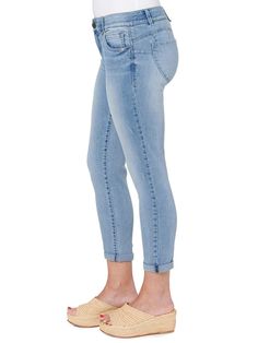 A staple you must always have in your wardrobe, the light wash "Ab"solution® Ankle Skimmer offers tummy control with slimming power-mesh panels, a no-gap waist, and the perfect "booty lift." Made from incredibly soft and comfy stretch denim in an artisanal wash with delicate whiskering and fading detail. These jeans ship with a rolled cuff that "skims" the ankle; customize your look by wearing them cuffed or uncuffed at the hem. The blend of cotton, lyocell, polyester, and spandex creates a soft Form Fitting Dress, Light Blue Denim, Washed Jeans, Leggings Fashion, Stretch Denim, Snug Fit, Blue Denim, Light Blue, Relaxed Fit