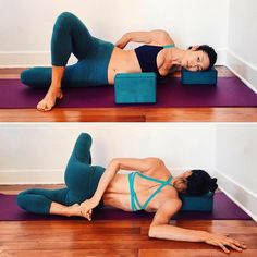 a woman is laying on the floor and doing exercises for her stomach, chest and back