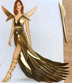 a drawing of a woman in a gold dress with wings on her body and legs