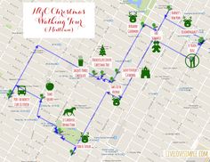 a map showing the locations of christmas trees in new york city, with green and red lettering