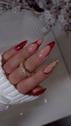 nailed by @ elennailedit 🤍🪽 Cherry Red Nails With Gold Accents, Red Ethereal Nails, Red And Gold Nails Simple, Crazy Red Nails, Red Design Nails Acrylic, Long Almond Christmas Nails, Red Almond French Nails, Spanish Nails Designs, Red Festive Nails