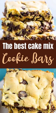 the best cake mix cookie bars are stacked on top of each other with chocolate chips