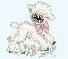 a drawing of a white sheep with its mouth open and tongue out in the grass