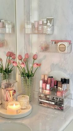 Clean Girly Bedroom, Aesthetic Pink Vanity, Pink Bathroom Inspo Aesthetic, Bathroom Counter Aesthetic, Clean Girl Bathroom Aesthetic, Bathroom Decor Ideas Girly, Pink Girly Bathroom, Makeup Counter In Bathroom