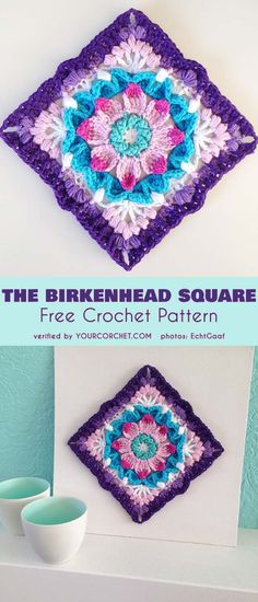 two crocheted squares with the text, the breckenhead square free crochet pattern