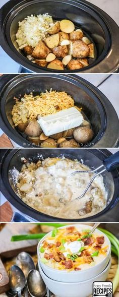 four pictures showing different types of food being cooked in the slow cooker, including rice and potatoes