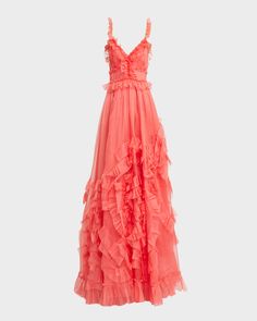 Ulla Johnson "Margeaux" gown bedecked with floaty ruffles    Approx. 61.6”L from shoulder to hem    V neckline    Delicate straps    Tiered bodice    Floorlength hem    Fit amp; flare silhouette    Invisible side zip closure    Silk    Lining: Cotton/silk    Dry clean    Imported