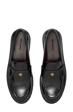 Gleaming logo hardware adds signature appeal to a luxe leather loafer lifted by a chunky platform and durable lug sole. 1" heel Leather upper and lining/synthetic sole Imported Lug Loafers, Chunky Platform, Lug Sole, Leather Loafers, Loafers For Women, Tory Burch, Leather Upper, Loafers, Nordstrom