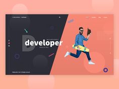 a man is running with a skateboard in his hand and the word developer above him