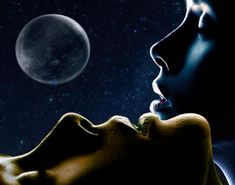 a woman looking up at the moon with her face close to her head, in front of a night sky