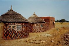 an image of some huts that are in the dirt and dry grass with birds perched on top of them