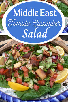 the middle east tomato cucumber salad is served on a plate with lemon wedges