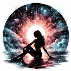 a woman sitting on the water in front of a sun with stars and clouds around her