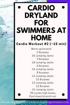 the cardio dryland for swimmers at home workout plan is shown in purple and white