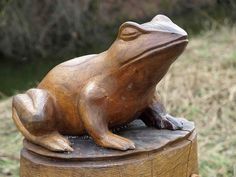 a wooden statue of a frog sitting on top of a tree stump in the grass