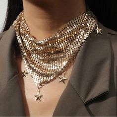 Good Chainmail Star Bandana Style Necklace. Gold Chainmail, Neckerchief Women, Country Glam, Trendy Chokers, Chainmail Necklace, Creative Necklace, Glam Party, Aluminum Jewelry, Star Charm Necklace