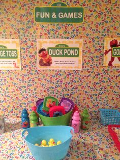 toys and games are on display in the children's playroom