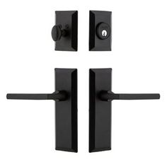 three black door handles and two knobs