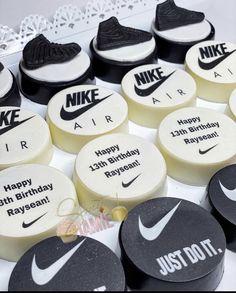 birthday cake decorated with nike shoes and happy birthday messages for all of us to share