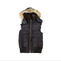 Nwt Y2k One A Brown Puffer Vest With Hood Great Deadstock - True Y2k Brown Zip Gold Hardware Removable Hood Faux Fur Hood Knit Back Two Front Zipper Pockets Ruffles Down Chest And At Arms Measurements Laying Flat Armpit To Armpit: 17 Length From Shoulder: 19.5 Fur Hood Vest, Y2k Hooded Winter Outerwear, Styling Puffer Vest, Brown Puffer Vest, Puffer Vest With Hood, Brown Puffer, Hoodie Vest, Clothing Pieces, Hooded Vest