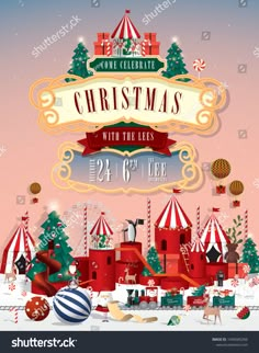 merry christmas poster with circus tent and trees