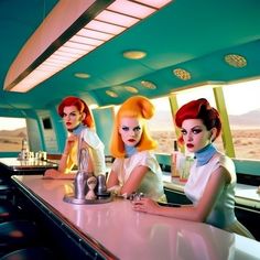 three women sitting at a bar in the back of a car, one with red hair