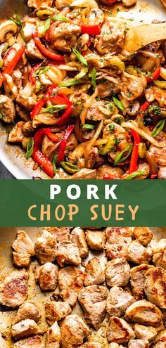 pork chop suey in a skillet with the title overlay reads pork chop suey