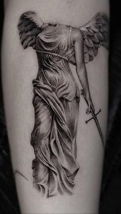 Men Dark Tattoos, Gothic Statue Tattoo, Angel Back Piece Tattoo, Female Sculpture Tattoo, Greek Body Tattoo, Rennisance Tattoo, Veiled Woman Tattoo, Classical Art Inspired Tattoos, Renicansse Art Tattoos