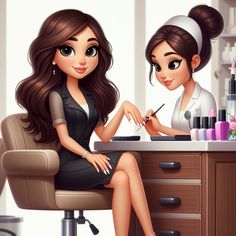 two women sitting at a desk with makeup brushes in their hands and one is writing