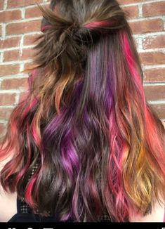 Purple And Orange Peekaboo Hair, Pink And Yellow Highlights, Fire Peekaboo Hair, Sunset Hair Underneath, Brown Hair With Vivid Highlights, Purple And Orange Hair Highlights, Sunset Highlights Hair, Sunset Peekaboo Hair, Subtle Vivid Hair Color