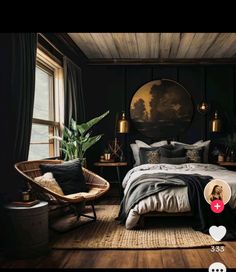 a bed room with a neatly made bed next to a window and potted plants