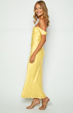 Gold Hoco Dress Long, Butter Yellow Prom Dress, Yellow Dress Formal, Satin Yellow Dress, Off Shoulder Formal Dress, Yellow Silk Dress, Yellow Satin Dress, Yellow Formal Dress, Blue And Yellow Dress