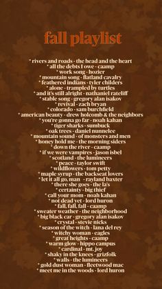 the fall playlist is shown in an orange and brown background with words on it