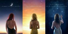 three different images of the same woman in front of an orange and blue sky with stars