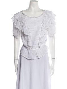 Étoile Isabel Marant BlouseWhiteLace, Pleated & Ruffle AccentsShort Sleeve with Scoop NeckButton Closure at BackDesigner Fit: Tops by Étoile Isabel Marant typically fit true to size. White Feminine Short Sleeve Top For Summer, Short Sleeve Ruffled Blouse For Daywear, Daywear Short Sleeve Blouse With Ruffles, Etoile Isabel Marant, Short Sleeve Cropped Top, Balenciaga City Bag, Hat Shop, Short Sleeve Blouse, Casual Jeans