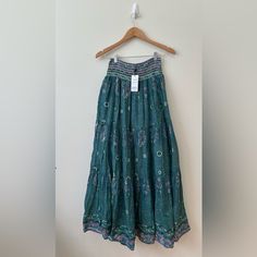 Raga Maxi Skirt Bohemian 100% Cotton Manisha Skirt Blue Green Lightweight Nwt Mm Bohemian Gathered Skirt For Summer, Bohemian Tiered Skirt With Floral Print, Casual Boho Print Long Skirt, Spring Festival Boho Print Skirt, Flowy Bohemian Skirt, Bohemian Maxi Skirt With Floral Print, Blue Bohemian Bottoms With Boho Print, Green Bohemian Bottoms With Floral Print, Casual Gathered Maxi Skirt For Festivals