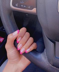 French Tip Hot Pink Acrylic Nails, Hot Pink Tip Acrylic Nails, Short Almond Nails Pink Tips, Hot Pink Tips Acrylic Nails Almond, Hot Pink Tip Nails Almond, Short Hot Pink Tip Nails, Hot Pink French Nails Almond, Hot Pink Prom Look, Hot Pink French Acrylic Nails