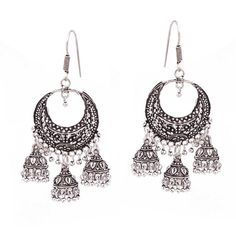 Oxidized Silver Plated handmade 3 in 1 Antique Jhumka Bali Women Earrings/ Indian Traditional Bollyw Metal Chandbali Chandelier Earrings With Latkans, Dangle Metal Chandbalis With Latkans, Bohemian Dangle Jhumkas, Dangle Chandbalis With Latkans In Metal, Metal Chandbalis With Latkans, Bohemian Dangle Jhumkas With Latkans, Bohemian Chandelier Earrings With Latkans For Diwali, Festival Jhumkas With Dangling Beads, Bohemian Drop Danglers For Diwali