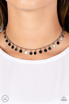 Tiny gunmetal discs dance along a classic gunmetal chain, creating an understated choker necklace. The reflective surfaces of the discs shimmer brightly, as the light catches their high sheen finish to exaggerate their intensity. Features an adjustable clasp closure.   Sold as one individual choker necklace. Includes one pair of matching earrings. Black Jewelry Necklace, Elegant Choker, Latest Jewellery Trends, Black Choker Necklace, Bling Necklace, Reflective Surfaces, Black Choker, Paparazzi Accessories, Latest Jewellery