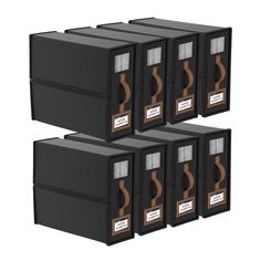 six black storage boxes with labels on each side and one brown box in the middle