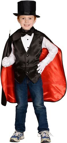 a young boy dressed in a costume and hat with a red cape on his shoulders