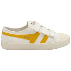 Buy Gola women's Coaster Strap sneaker in white/sun online at Gola Retro Low-top Sneakers With Rubber Sole, Retro White Canvas Sneakers, White Retro Canvas Sneakers, Retro White Canvas Shoes With Gum Sole, Retro Yellow Sneakers With Vulcanized Sole, Retro Low-top Canvas Sneakers, Vintage Yellow Sneakers With Gum Sole, Retro Low-top Canvas Shoes With Gum Sole, Vintage White Low-top Canvas Shoes