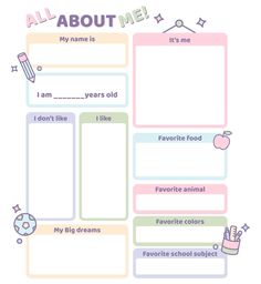 an all about me poster with different things