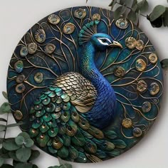 a peacock is shown on the wall next to some leaves