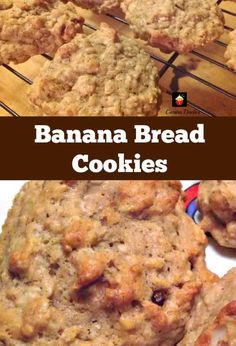 banana bread cookies cooling on a rack with text overlay that reads, banana bread cookies