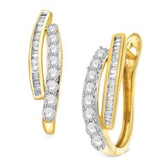 1 CTW Diamond Hoop Earrings in 10KT Yellow Gold Double Hoop Earrings, Baguette Diamonds, Diamond Hoop Earrings, Channel Set, Classic Jewelry, Baguette Diamond, Street Casual, Casual Clothes, Gold Hoop