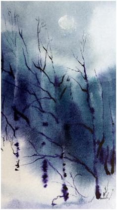 watercolor painting of trees and moon in the sky with snow on ground at night