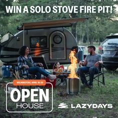 people sitting around an open fire pit in front of a camper with the words win a solo stove fire pit