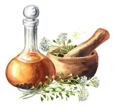 an oil bottle and wooden mortar with flowers on the side, painted in watercolor