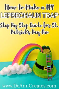 This pin shows a leprechaun trap with a rainbow ladder leading to the top. Gold coins and clovers are inside the hat, and a rainbow emerges from the opening. The trap is in front of a yellow background with a turquoise surface.